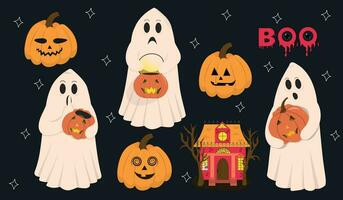 Halloween set of ghosts and pumpkins. vector