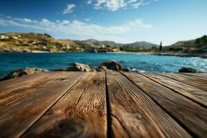 Wooden table top on blurred background of sea island and blue sky AI Generated photo