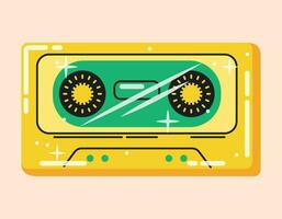 Old tape cassette for recorder. Retro device for playing and storing music. Vector isolated flat illustration, 90s style.