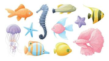 Marine underwater animals, colorful fish, jellyfish, starfish and seahorse. Set of vector isolated cartoon aquatic inhabitants.