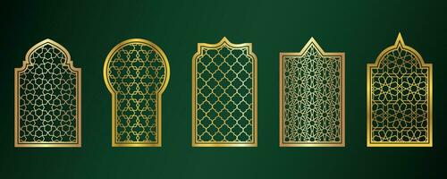 Golden amadan windows. Islamic door frames with ornament. Arabic mosque arch on green background. Islamic vector decoration