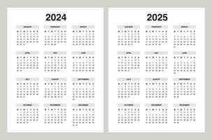 Simple calendar 2024, calendar 2025 week start Monday vector