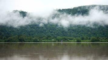 nebelig Wald beim Sonnenaufgang, Regenwald Morgen Nebel, Morgen Nebel im dicht tropisch Regenwald, Morgen Nebel und Berg, das Mekong Fluss hat fließend Wasser video