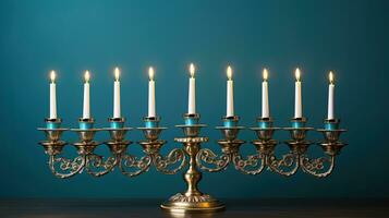 Jewish Hanukkah Menorah 9 Branch Candlestick. Traditional Hebrew Festival of Lights candelabra. AI Generative photo