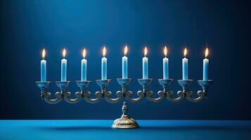 Jewish Hanukkah Menorah 9 Branch Candlestick. Traditional Hebrew Festival of Lights candelabra. AI Generative photo