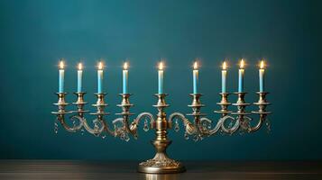 Jewish Hanukkah Menorah 9 Branch Candlestick. Traditional Hebrew Festival of Lights candelabra. AI Generative photo