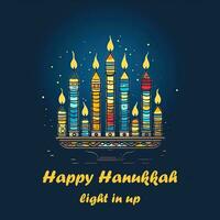 Happy Hanukkah greeting card design. Hanukkah menorah candelabrum with nine lit candles AI Generative photo