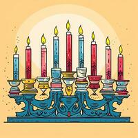 Hanukkah menorah candelabrum with nine lit candles. Happy Hanukkah greeting card design. AI Generative photo
