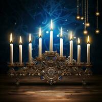 Jewish Hanukkah Menorah 9 Branch Candlestick. Traditional Hebrew Festival of Lights candelabra. AI Generative photo