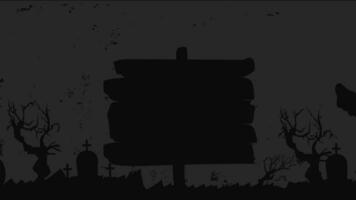 gelukkig haloween 31 oktober geanimeerd graf silhouet en spookachtig houten planken, vliegend vleermuizen. 4k videos