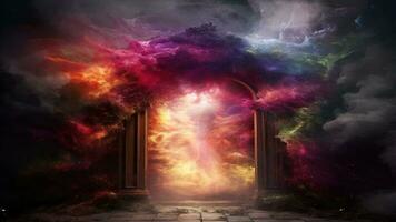 dimensional do portal portão com colorida fumaça chegando Fora do a portão ai generativo video