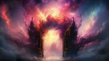 dimensional portal portão com colorida fumaça chegando Fora do a portão ai generativo video