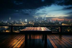 nocturno paisaje urbano borroso cielo, de madera mesa adornado por distante edificio luces ai generado foto