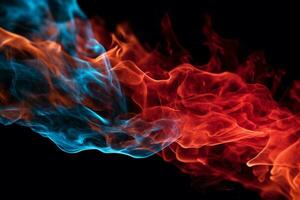 Striking red and blue fire emerges from the black backdrop. AI Generated photo