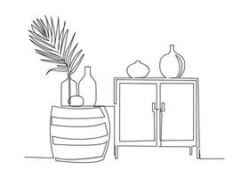 Continuous one line drawing of bedside table and vases. Vector illustration