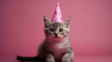 Pink-tinted background, kitty with birthday hat in foreground AI Generated photo