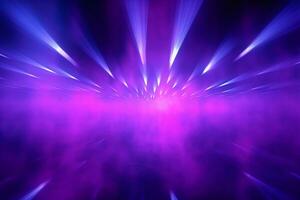 dinámica interacción de púrpura y azul reflectores en un ahumado abismo. ai generado foto