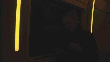 mulher em uma viajante trem indo através uma túnel video