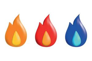 3d render fire emoticon emoji isolated on white background. Orange, red and blue flames, volumetric blown vector image.