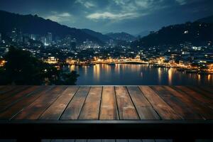 Urban panorama View from wooden plank offers a nocturnal Phuket town spectacle AI Generated photo