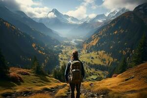 caminantes paraíso posterior ver muestra turista saboreando montaña vista, abrazando viaje estilo de vida ai generado foto