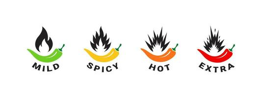 Spicy level icons. Food spiciness indicator. Spicy badges types. Vector scalable graphics