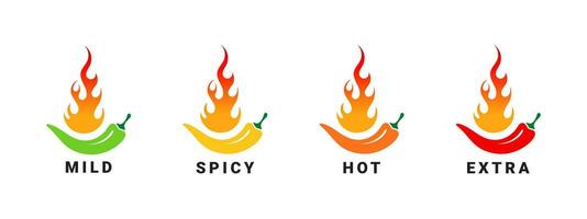 Spicy level badges. Hot natural chili pepper symbols. Spicy and hot. Vector scalable graphics