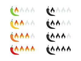 Spicy level labels. Product spicy degree symbols. Spicy badges types. Vector scalable graphics