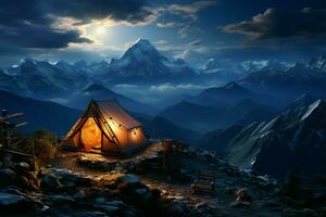 Moonlit mountain retreat Tent on heights, basking in nocturnal alpine serenity AI Generated photo