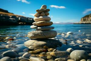 Nautical formation Sea kissed stones stacked into a pyramid along the shore AI Generated photo