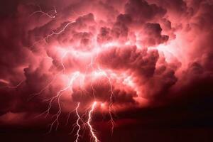 intenso rojo tormenta nubes electrificado por dramático tornillos de iluminación. ai generado foto
