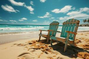 Seashore tranquility Beach chairs on white sand under blue sky and sunny glow AI Generated photo