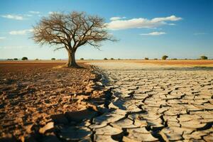 Solitary tree grows on cracked land, exemplifying climate changes drought driven consequences AI Generated photo