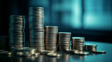 Coin stacks sitting on blue financial graph background AI Generated photo