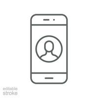 Mobile account line icon, create new my profile for profile network. user page in social network template. avatar personal contact Editable stroke vector illustration design on white background EPS 10