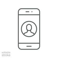 Mobile account line icon, create new my profile for profile network. user page in social network template. avatar personal contact Editable stroke vector illustration design on white background EPS 10