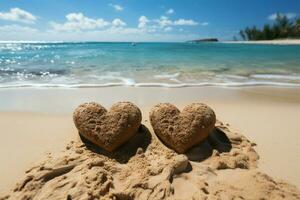 Heartfelt connection Two handwritten hearts on sandy beach, framed by tropical backdrop AI Generated photo