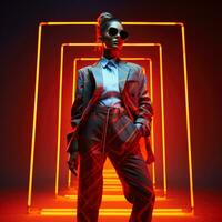 Androgynous model in reflective geometric attire isolated on a neon gradient background photo