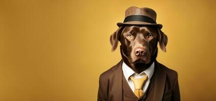 Labrador in man costume like a gentleman isolated on pastel background photo