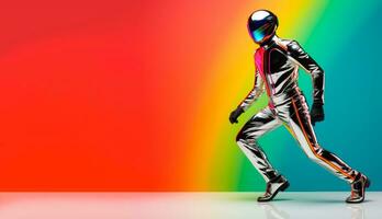 Futuristic model in a sleek chrome jumpsuit isolated on a vibrant gradient background photo