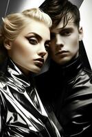 Androgynous models in monochrome metallic fashion futuristic background with empty space for text photo