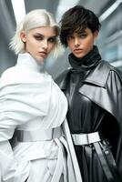Androgynous models in monochrome metallic fashion futuristic background with empty space for text photo