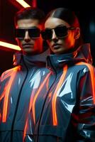 Reflective ensembles in neon cityscape futuristic models posing background with empty space for text photo