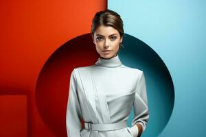 Fashion week model isolated on gradient background with a place for text photo
