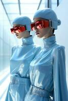 Futuristic fashionistas in holographic couture on starkly minimalist interiors background with empty space for text photo