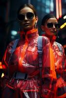 Reflective ensembles in neon cityscape futuristic models posing background with empty space for text photo