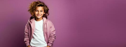 Fashion week kid model isolated on gradient background with a place for text photo