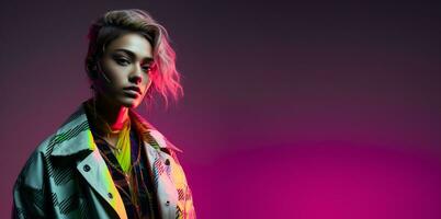 Androgynous model in reflective geometric attire isolated on a neon gradient background photo