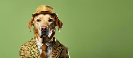 Labrador in man costume like a gentleman isolated on pastel background photo