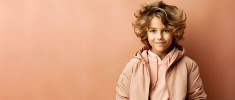 Fashion week kid model isolated on pastel background with a place for text photo